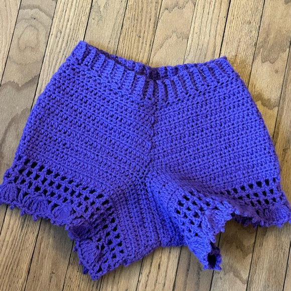 Hand Crafted Pants - Boho Purple Crochet Shorts – Small Size, Lace Hem